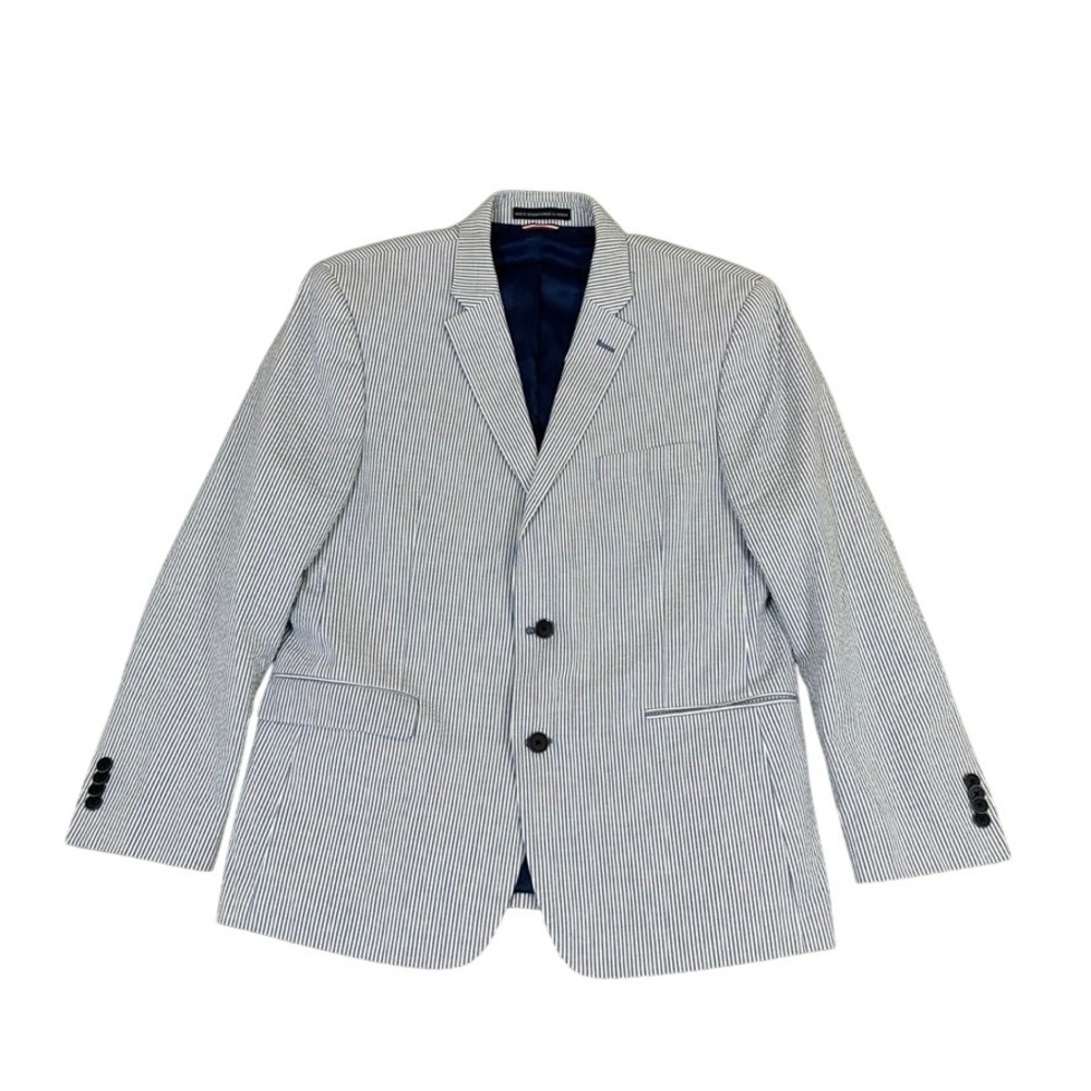 Tommy Hilfiger Mens Blue White Seersucker Stripe Two Button Sport Coat 42S